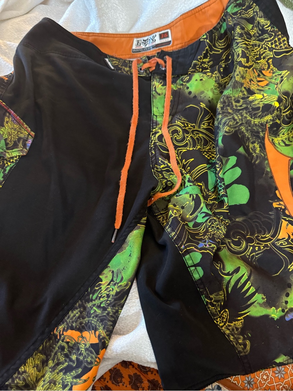 Fox Black Board Shorts with Neon Green and Orange Accents